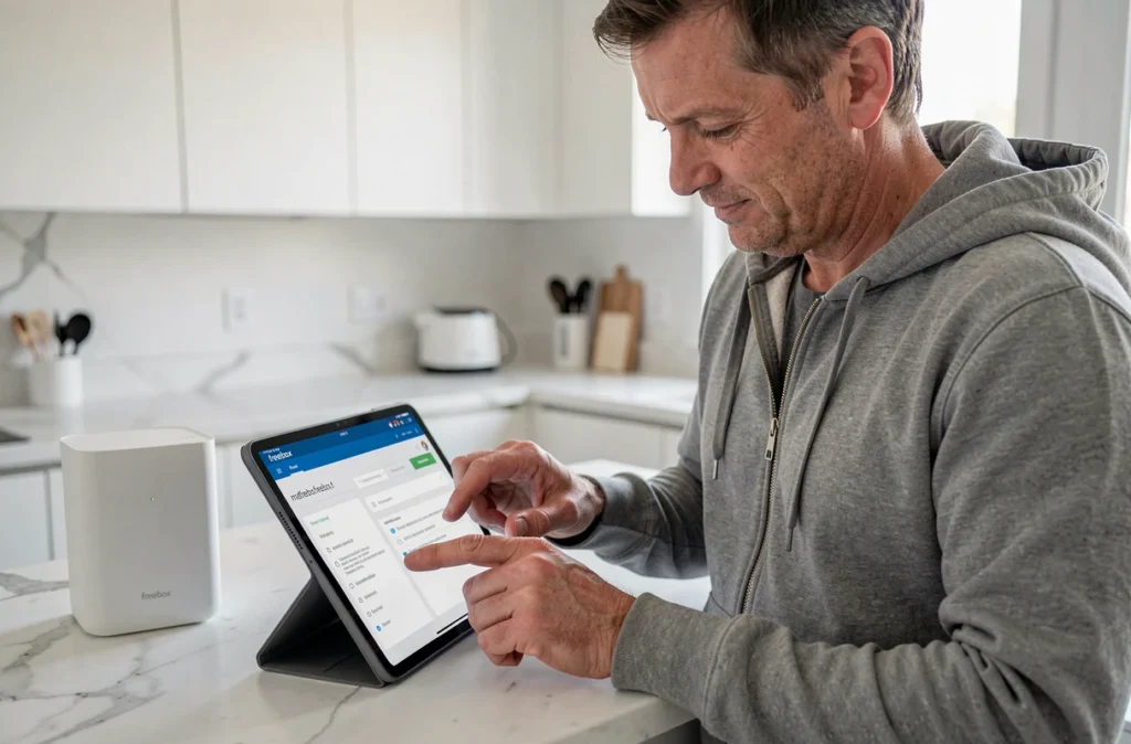 Homme consultant l'interface de gestion Freebox sur une tablette dans une cuisine moderne lors de la première connexion au routeur