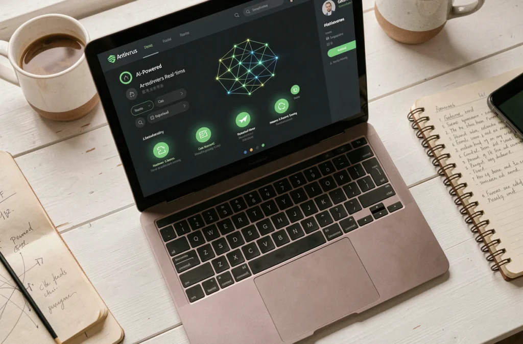 Vue de dessus d'un ordinateur portable affichant une interface d'antivirus moderne avec détection de menaces par intelligence artificielle sur un bureau home office
