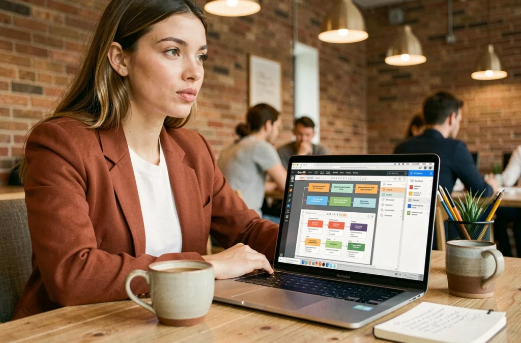 Jeune femme travaillant sur des animations PowerPoint dans un espace de coworking avec MacBook ouvert sur le panneau de chronologie