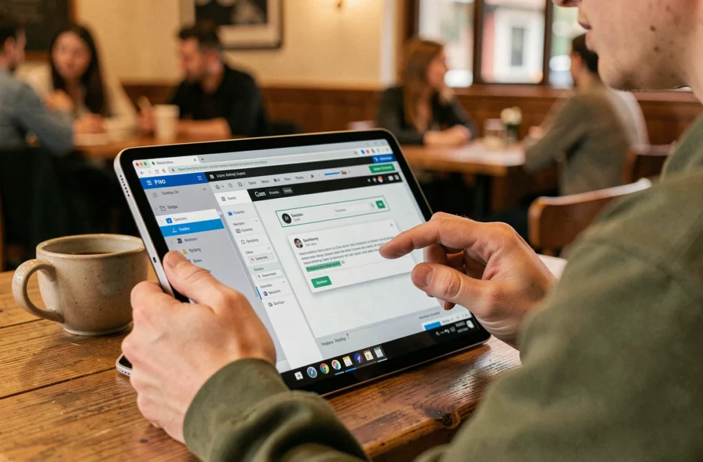 Mains utilisant une tablette tactile avec une interface GUI fenêtrée dans un café, illustrant l'évolution des interfaces graphiques