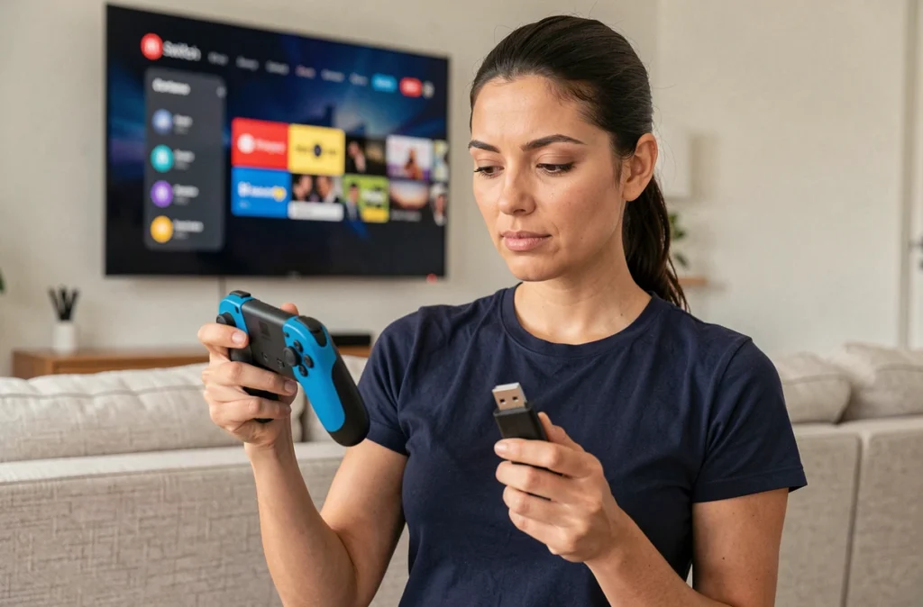 Femme comparant une manette Pro Controller Nintendo Switch avec un adaptateur USB tiers dans un salon