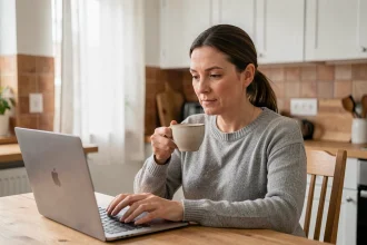 Mère d'élève lisant ses messages scolaires sur la webmessagerie Versailles depuis son ordinateur portable à la cuisine