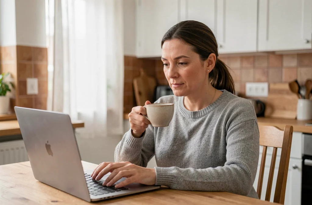Mère d'élève lisant ses messages scolaires sur la webmessagerie Versailles depuis son ordinateur portable à la cuisine