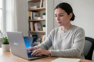 Femme concentrée regardant une mise à jour logicielle en cours sur son ordinateur portable dans un bureau à domicile moderne