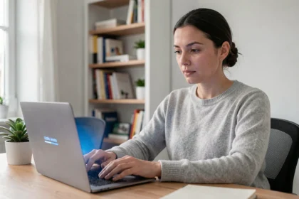 Femme concentrée regardant une mise à jour logicielle en cours sur son ordinateur portable dans un bureau à domicile moderne
