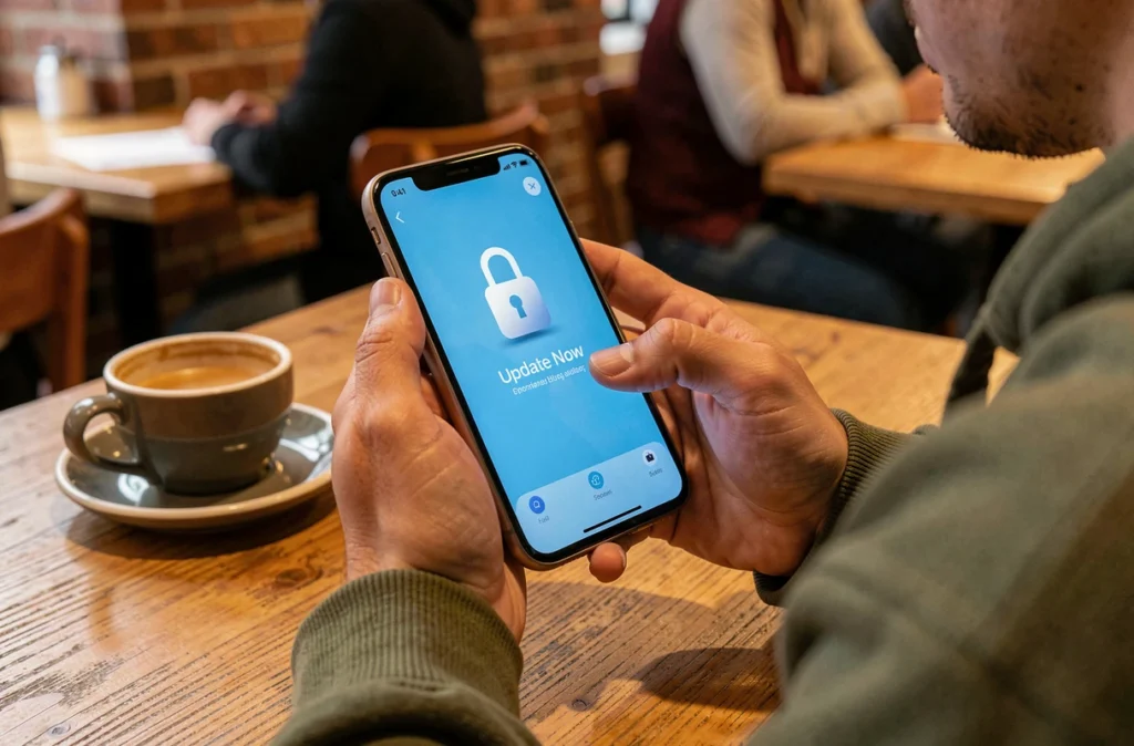 Mains tenant un smartphone affichant une notification de mise à jour de sécurité dans un café urbain