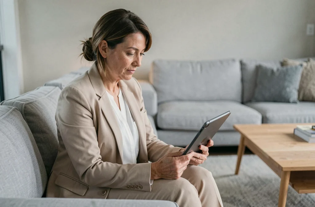 Parent d'élève consultant la webmessagerie de l'académie de Versailles sur une tablette numérique dans le salon