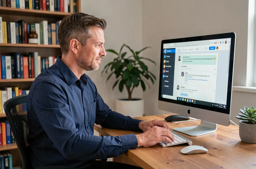 Père d'élève répondant à un message sur la plateforme de messagerie scolaire académie de Versailles depuis son bureau à domicile