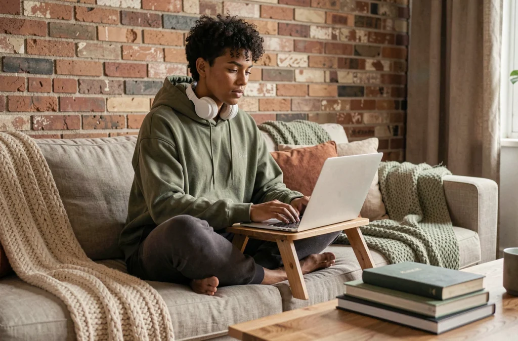 Personne en télétravail sur un canapé avec un casque audio sans fil blanc autour du cou, tapant sur un ordinateur portable dans un salon aménagé en espace de travail
