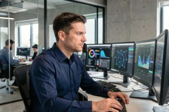 Professionnel en cybersécurité analysant un tableau de bord d'antivirus intégrant l'intelligence artificielle sur plusieurs écrans dans un bureau moderne