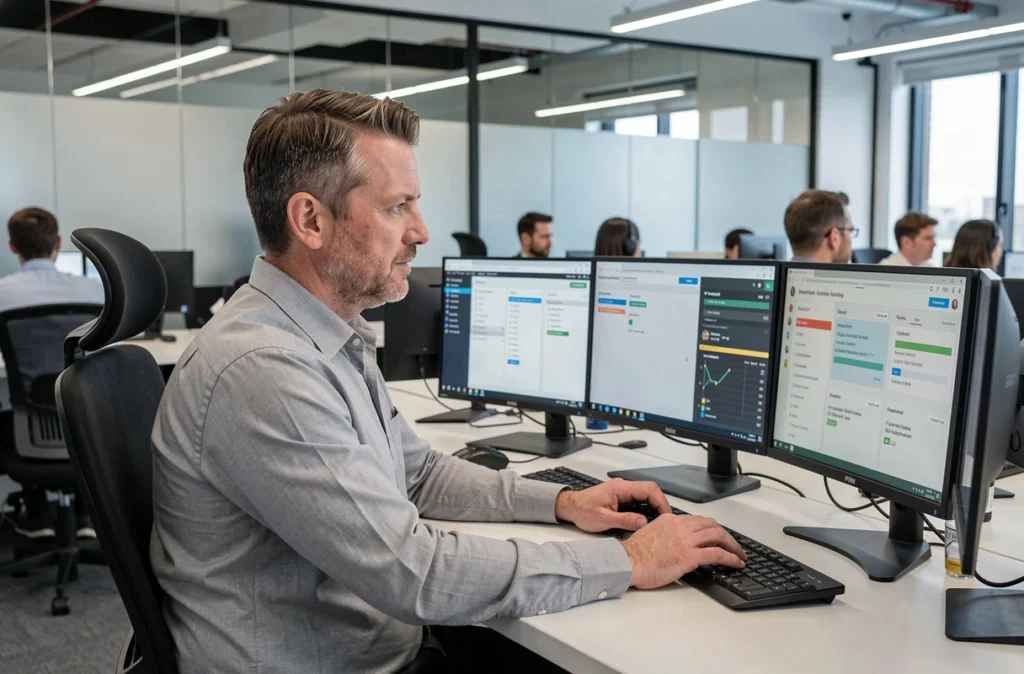 Professionnel informatique gérant des mots de passe sécurisés sur plusieurs écrans dans un open space d'entreprise