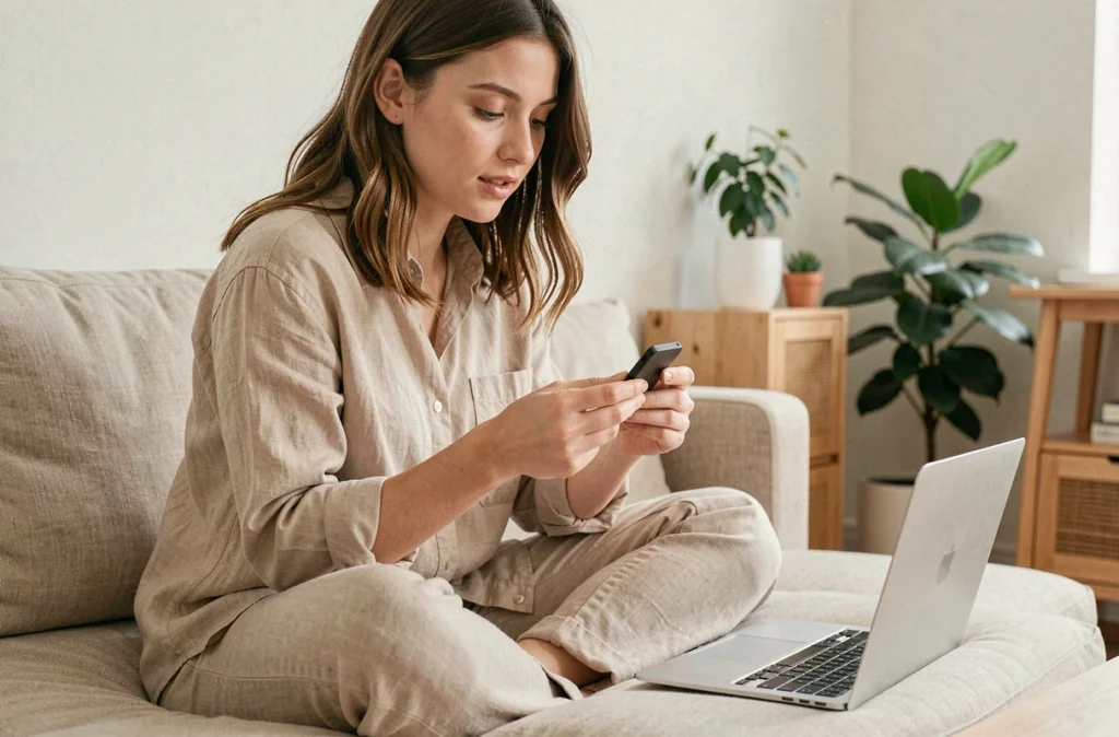 Jeune femme inspectant un disque SSD externe portable dans un salon minimaliste pour protéger ses données personnelles