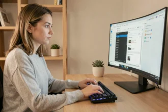 Femme utilisant des raccourcis clavier sur Windows à son bureau à domicile
