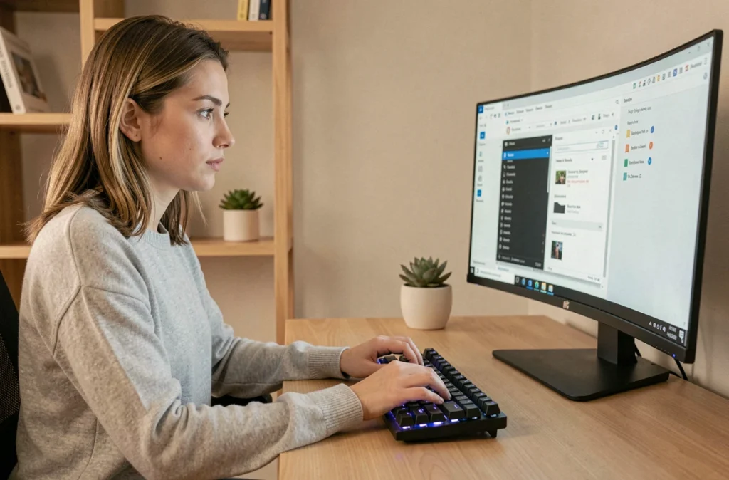 Femme utilisant des raccourcis clavier sur Windows à son bureau à domicile