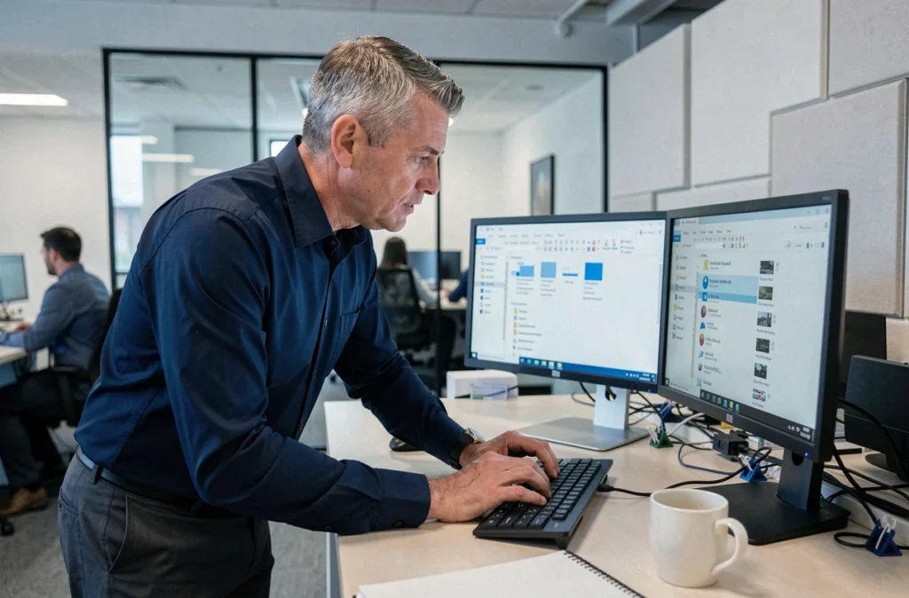 Professionnel utilisant des raccourcis clavier Windows dans un open space de bureau