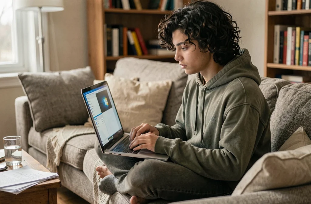 Jeune personne utilisant des raccourcis clavier Windows sur un ordinateur portable dans un salon