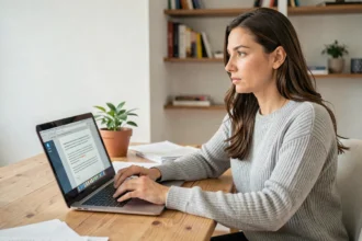 Femme utilisant un reformulateur de texte en français sur son ordinateur portable dans un bureau à domicile
