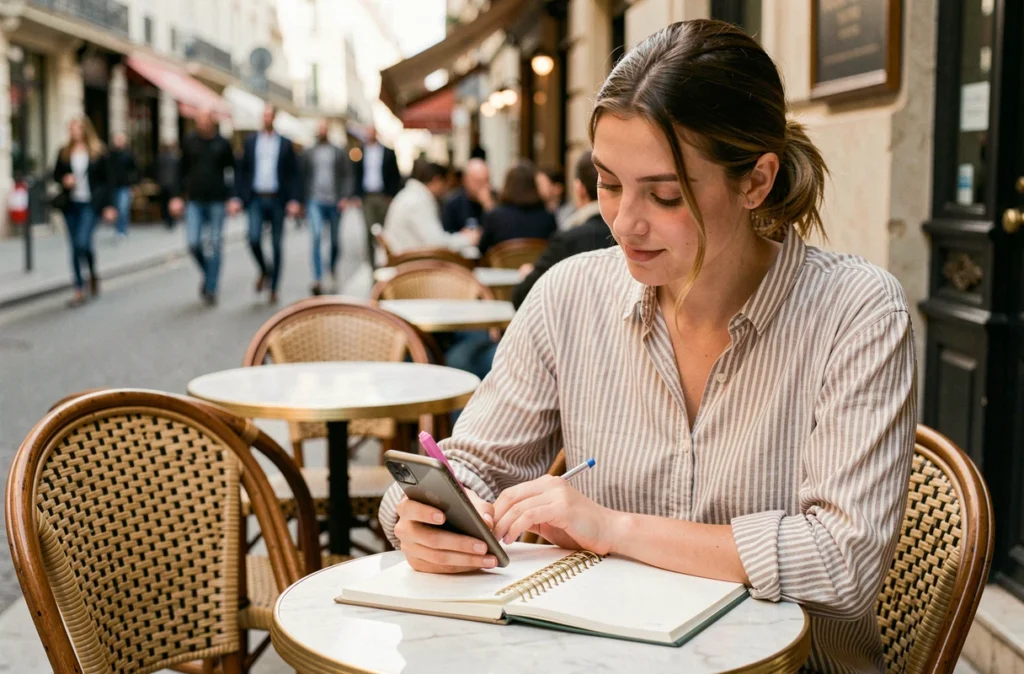 Jeune femme prenant des notes sur la reformulation de texte en français dans un café parisien