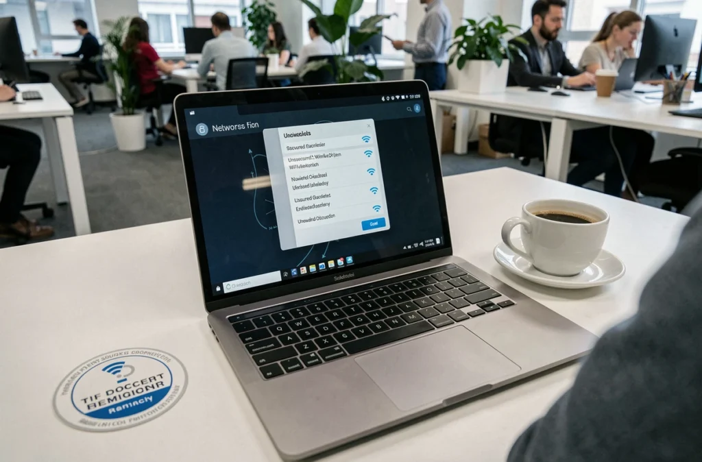 Écran d'ordinateur affichant une liste de réseaux wifi non sécurisés dans un open space, symbolisant les vulnérabilités des réseaux publics en entreprise