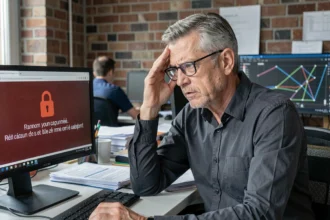 Responsable informatique d'une PME belge découvrant un message de rançon sur son écran d'ordinateur