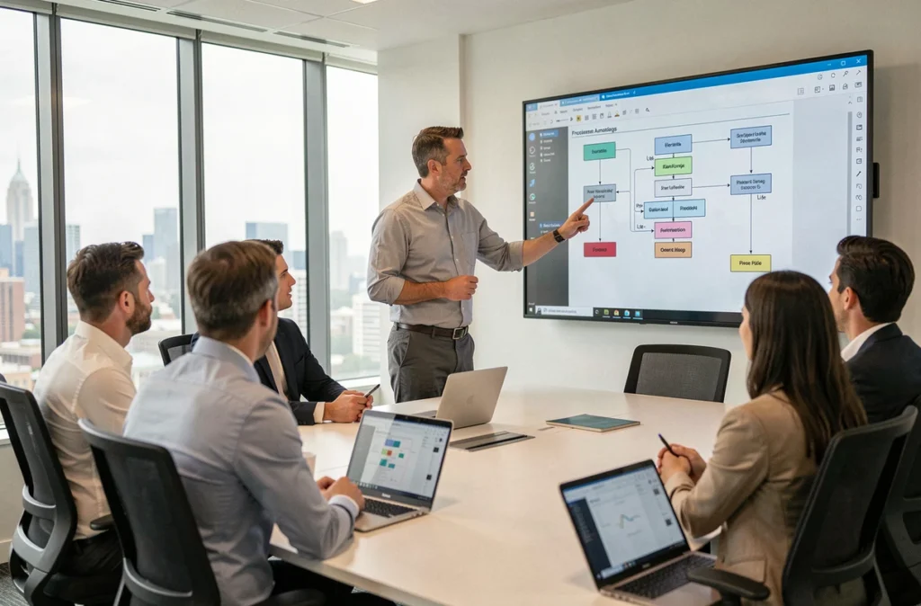 Manager présentant un diagramme d'automatisation des processus à son équipe dans une salle de réunion d'entreprise moderne