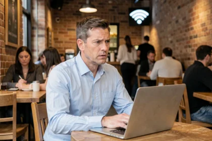 Un homme utilisant son ordinateur portable connecté à un réseau wifi public dans un café, illustrant les risques de cybersécurité en entreprise