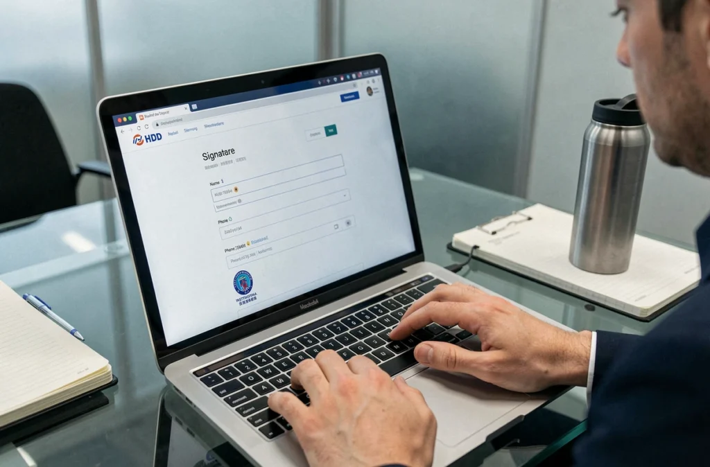 Gros plan sur les mains d'un employé saisissant les informations d'une signature email institutionnelle dans un webmail