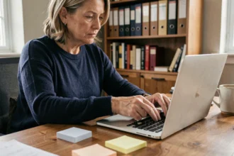 Femme branchant un disque dur externe à son ordinateur portable pour effectuer une sauvegarde de données dans un bureau à domicile