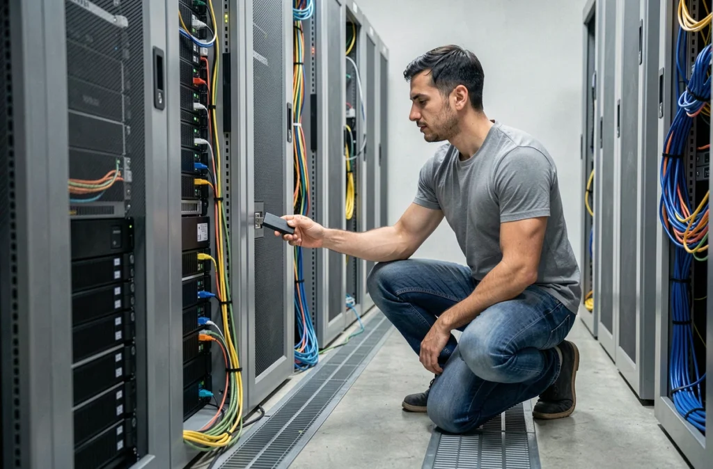 Technicien informatique effectuant une sauvegarde externe sur un rack serveur dans une salle informatique professionnelle