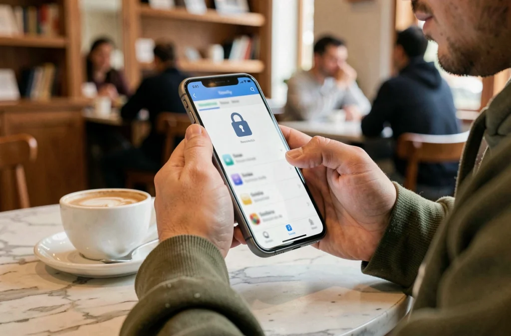 Mains tenant un smartphone avec une application de gestion de mots de passe dans un café