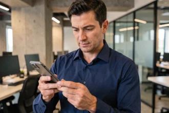 Homme tenant un smartphone pliable déplié dans un bureau moderne, examinant l'écran OLED flexible avec attention