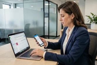 Femme professionnelle synchronisant Outlook et Google Calendar sur ordinateur portable et smartphone dans un bureau moderne