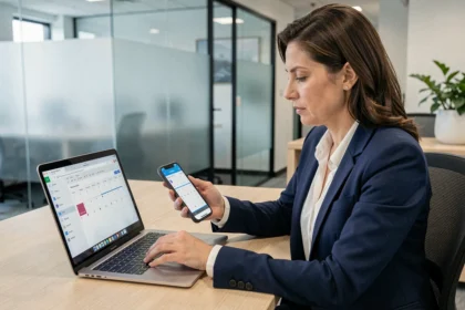 Femme professionnelle synchronisant Outlook et Google Calendar sur ordinateur portable et smartphone dans un bureau moderne