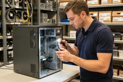 Technicien informatique inspectant l'intérieur d'un ordinateur lors d'une maintenance préventive en entreprise
