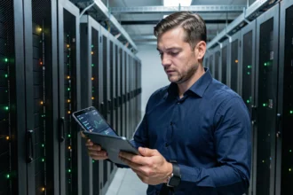Technicien informatique inspectant un rack de serveurs en centre de données avec une tablette affichant des alertes de maintenance par intelligence artificielle