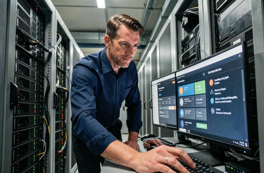 Technicien informatique surveillant des mises à jour de sécurité système dans une salle de serveurs professionnelle