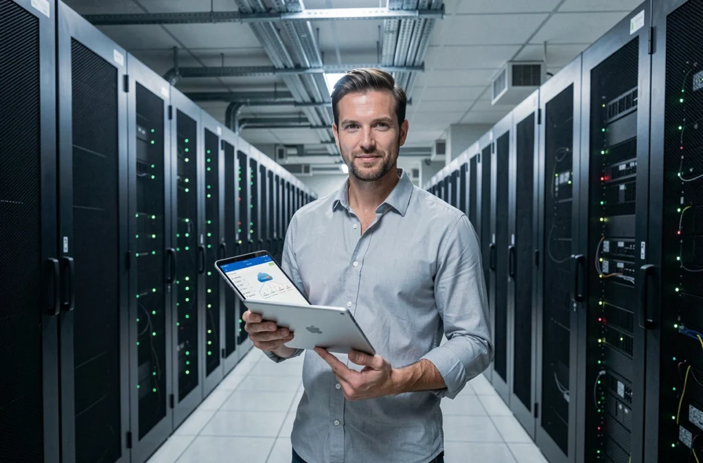 Technicien IT avec tablette dans une salle de serveurs gérant une infrastructure cloud d'entreprise