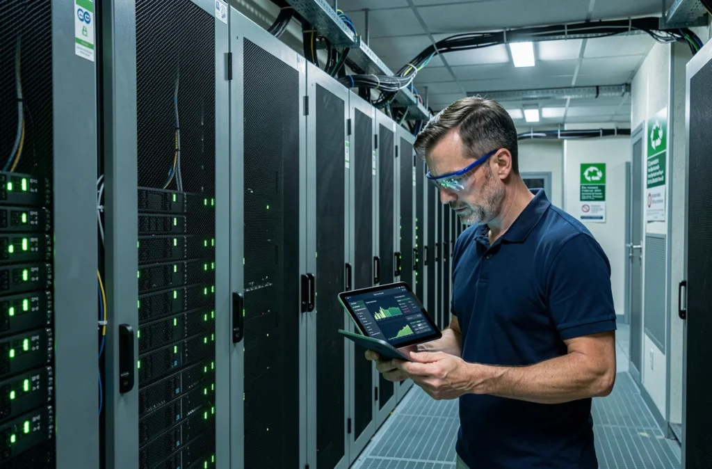 Technicien inspectant des serveurs écoénergétiques dans un centre de données certifié pour réduire l'empreinte carbone