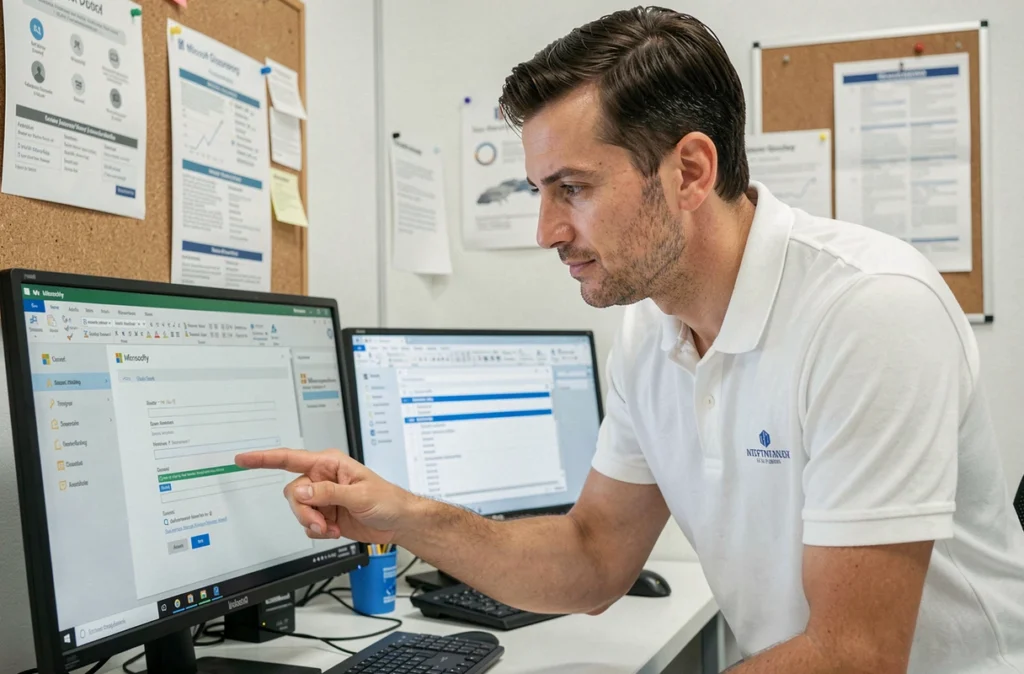 Technicien informatique aidant à configurer un compte mail ac-montpellier.fr sur Outlook dans un bureau administratif