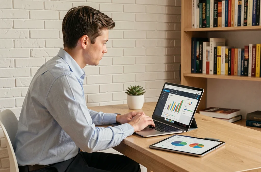 Jeune professionnel travaillant depuis son bureau à domicile sur un logiciel d'automatisation pour optimiser sa productivité quotidienne
