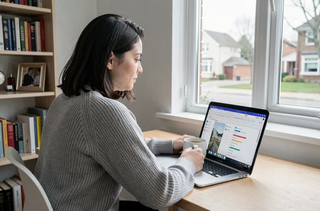 Jeune femme travaillant en télétravail sur Google Docs avec des curseurs de collaboration visibles sur son écran