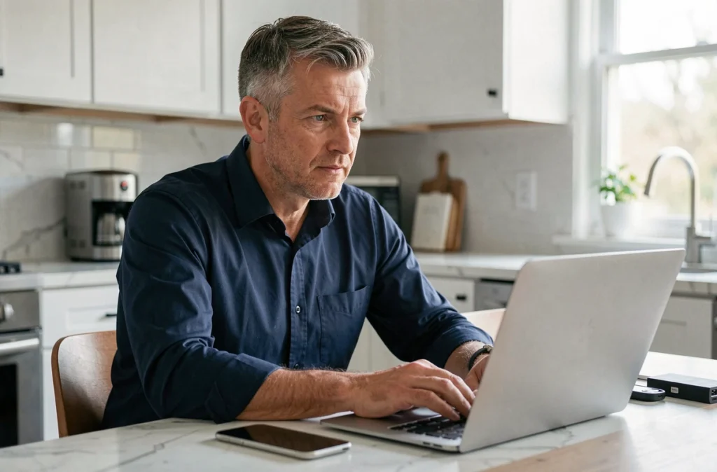 Homme en télétravail avec plusieurs appareils connectés posés sur une table de cuisine, illustrant les enjeux de cybersécurité à domicile