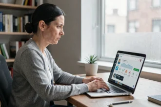 Femme en télétravail consultant un tableau de bord de sécurité informatique sur son ordinateur portable depuis son bureau à domicile
