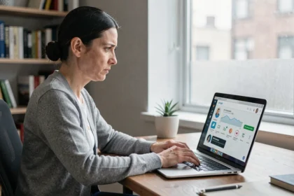 Femme en télétravail consultant un tableau de bord de sécurité informatique sur son ordinateur portable depuis son bureau à domicile