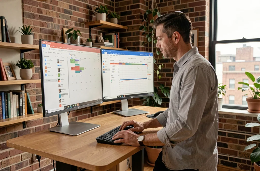 Homme en télétravail gérant la synchronisation de calendriers Outlook et Google sur double écran dans un bureau à domicile