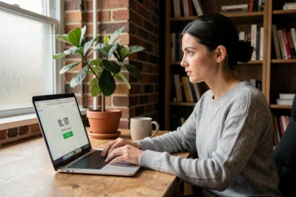 Femme en télétravail envoyant des fichiers lourds depuis son bureau à domicile via un outil de transfert suisse sécurisé