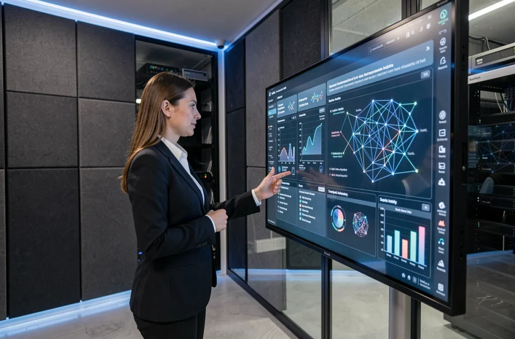Experte en intelligence artificielle d'Accenture présentant une solution de transformation digitale dans un lab d'innovation en PACA