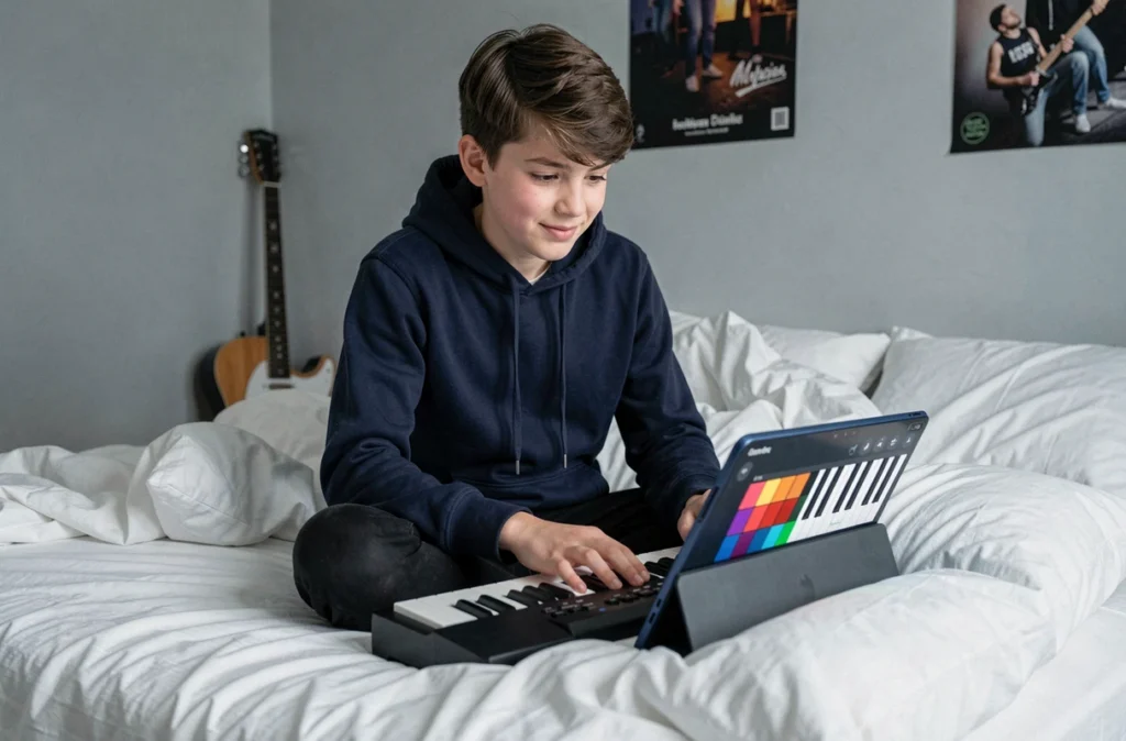 Adolescent jouant au piano en ligne sur une tablette dans sa chambre moderne