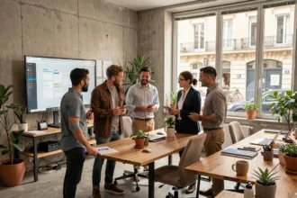 Équipe d'une agence de développement web en Indre-et-Loire travaillant ensemble autour d'un écran affichant des maquettes de sites web