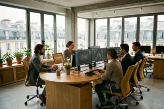 Équipe de professionnels collaborant dans un bureau moderne parisien avec des écrans affichant des interfaces d'intelligence artificielle